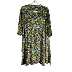 SASSAFRAS Dress Womens L Blue Floral Midi Shirt Dress V-Neck 3/4 Sleeve